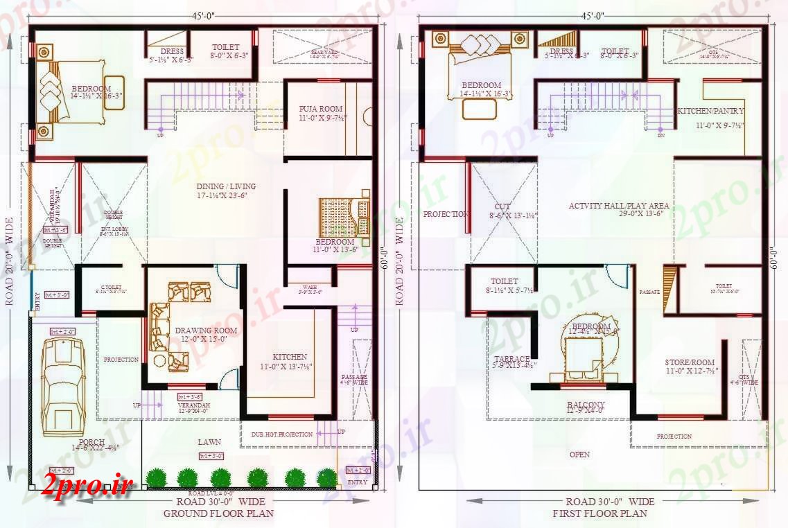 دانلود نقشه مسکونی ، ویلایی ، آپارتمان X45 معماری 4 BHK خانه طرحی طبقه با مبلمان چیدمان نشیمن Aut 13 در 17 متر (کد160161)