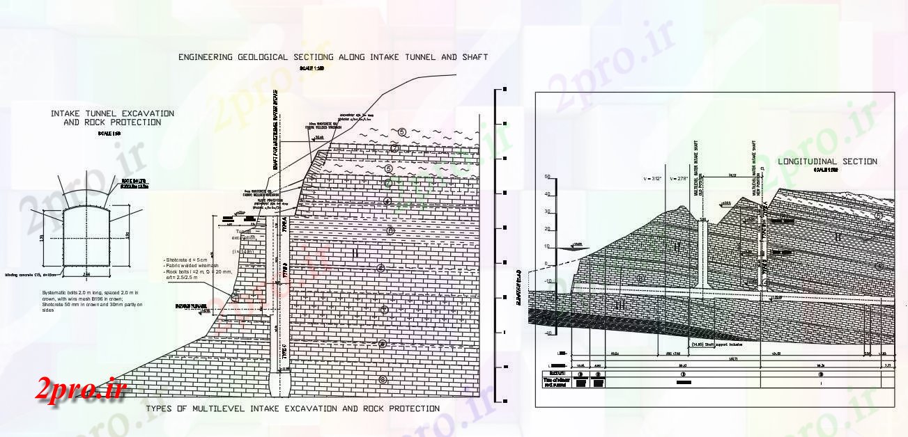 دانلود نقشه پلان مقطعی اتوکد رسم تونل مصرف بیل مکانیکی و جزئیات بخش حفاظت سنگ،   (کد160194)