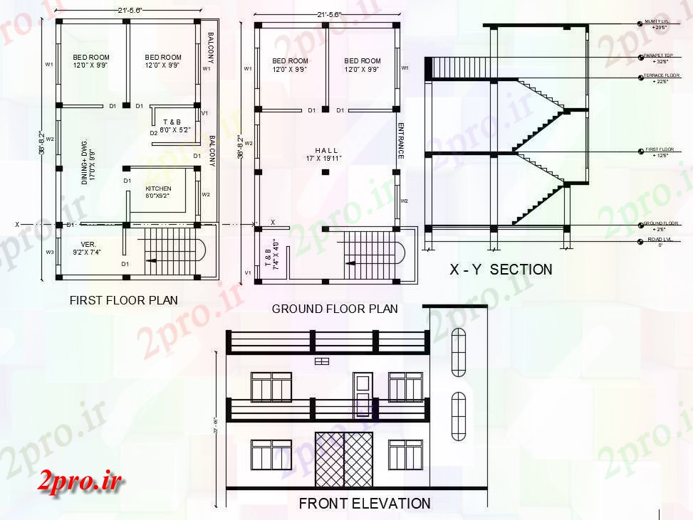 دانلود نقشه مسکونی ، ویلایی ، آپارتمان مجلس طرحی با بخشی نمای 21'X38، 7 در 11 متر (کد160229)