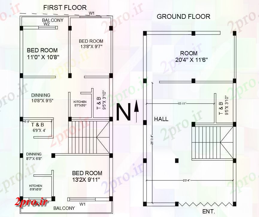 دانلود نقشه مسکونی ، ویلایی ، آپارتمان BHK و 2 BHK خانه 7 در 14 متر (کد160242)