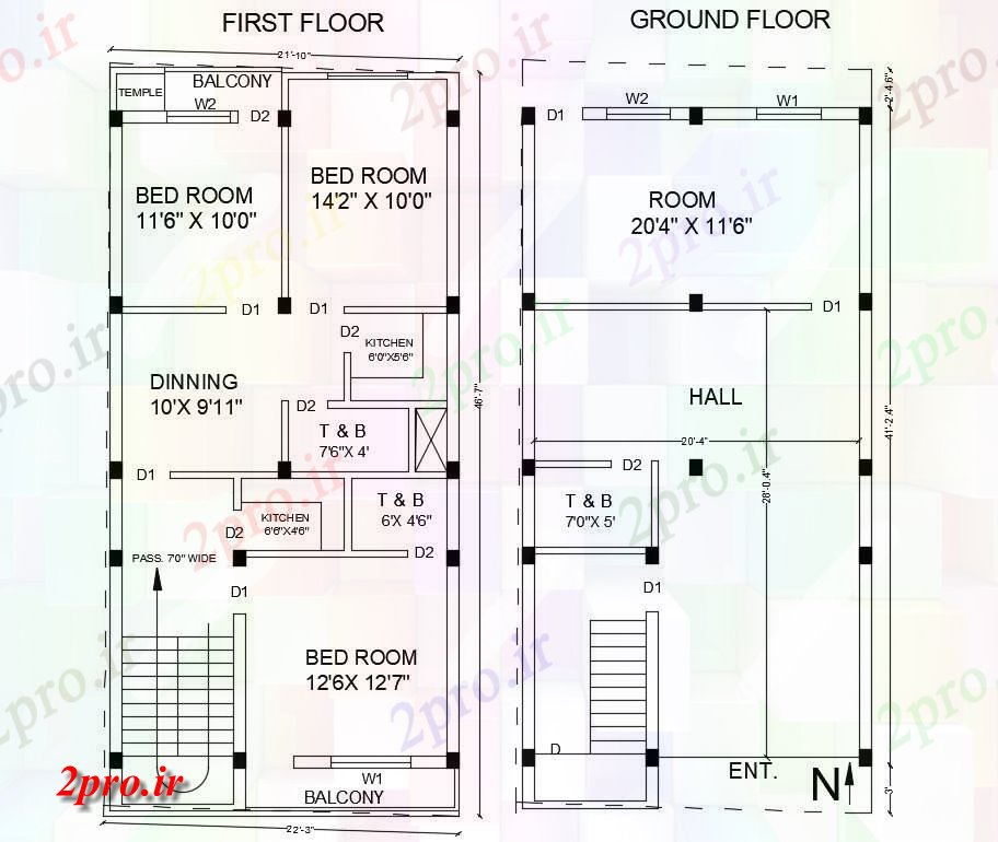 دانلود نقشه مسکونی ، ویلایی ، آپارتمان طرحی طبقه 21X46 دو واحد خانه نشیمن 6 در 14 متر (کد160243)