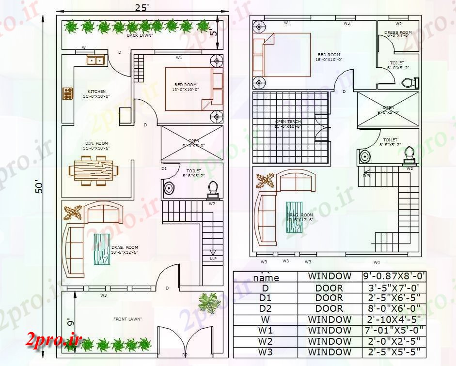 دانلود نقشه مسکونی ، ویلایی ، آپارتمان X50 Futniture خانه Gorun کف و طبقه اول 7 در 15 متر (کد160274)