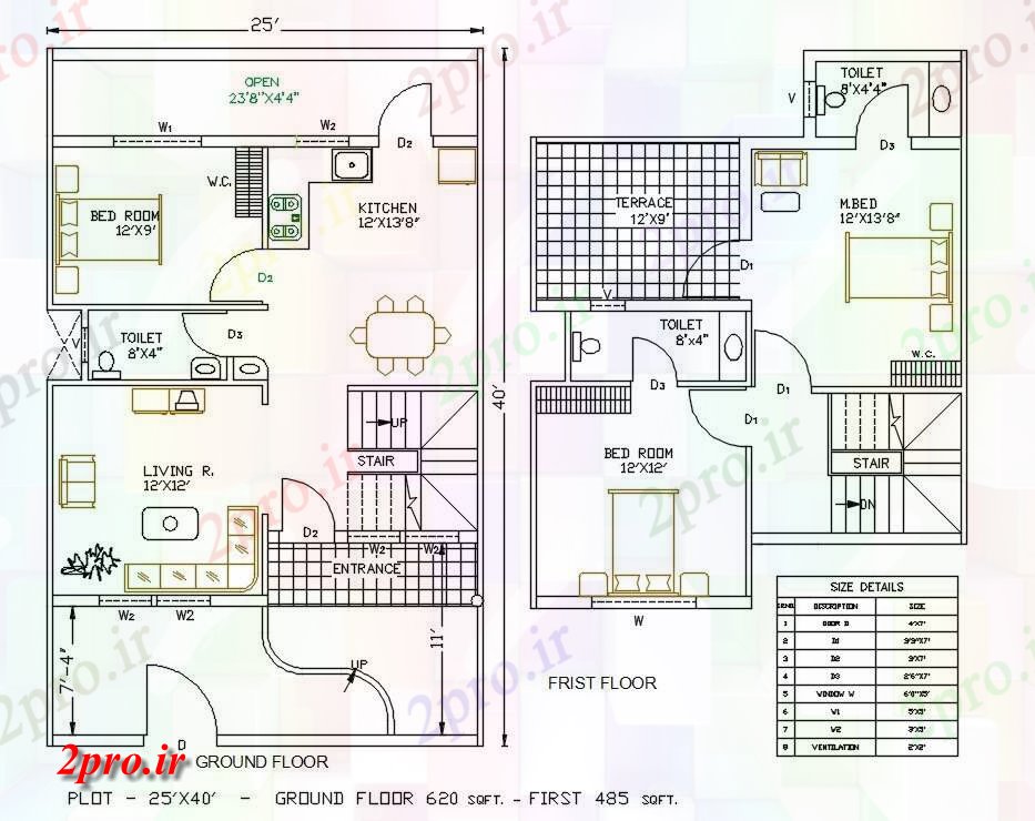 دانلود نقشه مسکونی ، ویلایی ، آپارتمان X40 خانه طبقه همکف و طبقه اول 7 در 12 متر (کد160275)