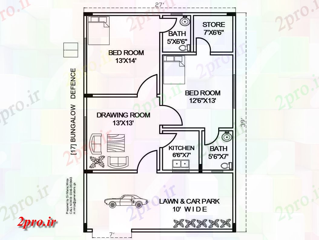 دانلود نقشه مسکونی ، ویلایی ، آپارتمان طبقه طبقه همکف 2bhk طرحی خانه معماری تنها 27'X39 اتوکد رسم در دسترس هستند 8 در 11 متر (کد160323)