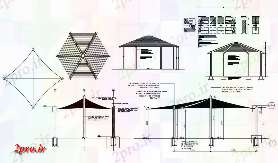 دانلود نقشه طراحی جزئیات ساختار نشان می دهد طراحی طرح، جزئیات بخش از چادر و کلبه های چوبی سقف    (کد160336)