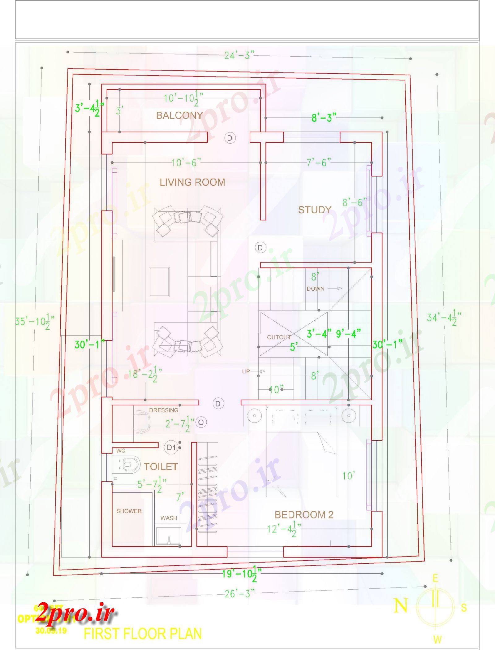 دانلود نقشه مسکونی ، ویلایی ، آپارتمان BHK خانه طبقه اول طرحی نشیمن 7 در 11 متر (کد160357)