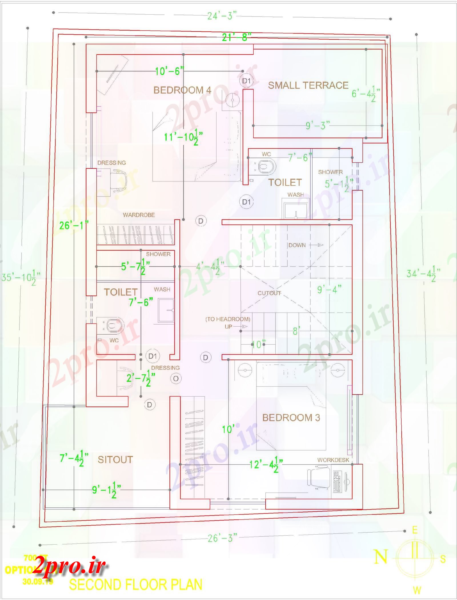 دانلود نقشه مسکونی ، ویلایی ، آپارتمان طرحی 4BHK طبقه دوم نشیمن 7 در 11 متر (کد160358)