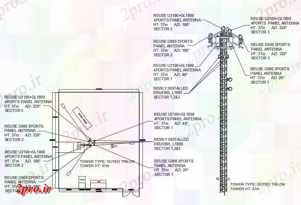 دانلود نقشه پلان مقطعی   اتوکد داشتن برنامه و نما جزئیات را از یک radiotower    (کد160376)