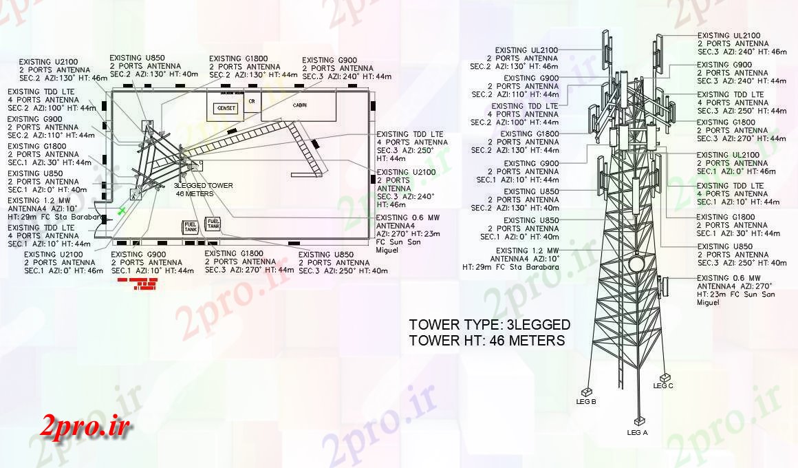 دانلود نقشه پلان مقطعی   طراحی داشتن برنامه و نما جزئیات تلفن همراه tower  دو بعدی   (کد160423)