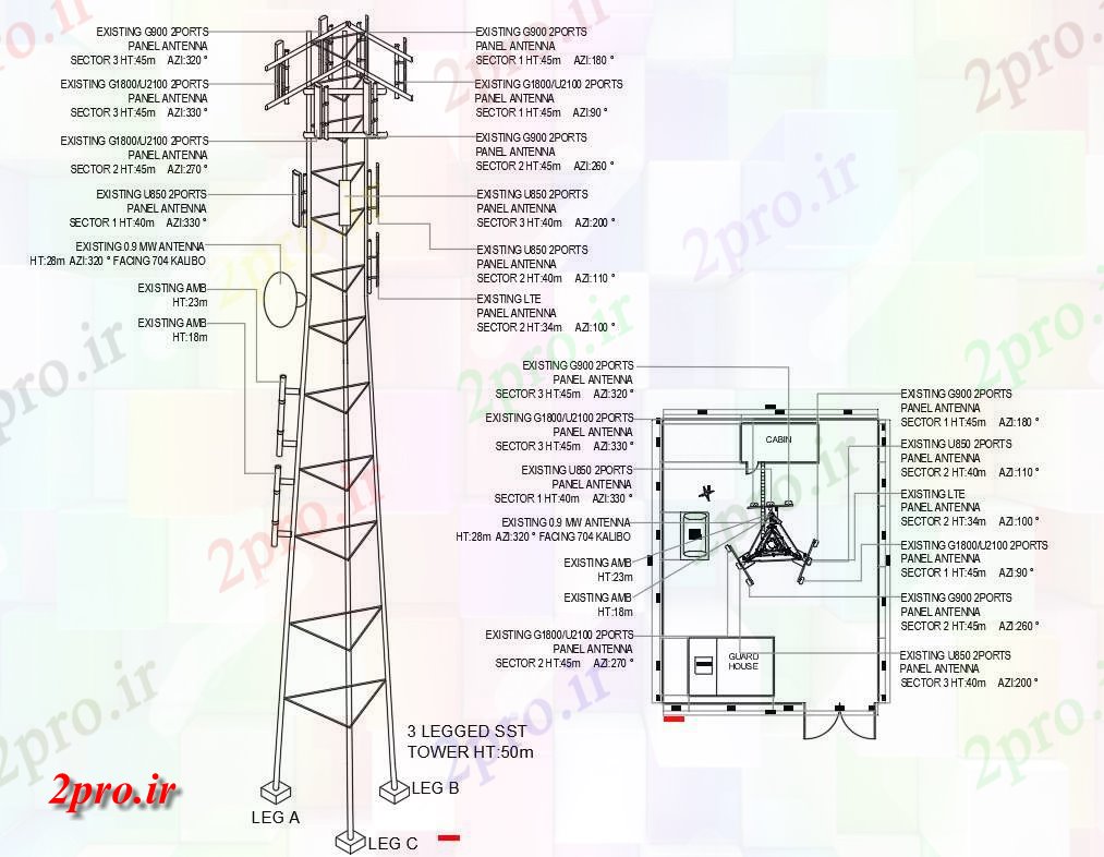 دانلود نقشه پلان مقطعی  به  رسم نشان می دهد برنامه ریزی و جزئیات نما شبکه تلفن همراه tower  دو بعدی   (کد160445)