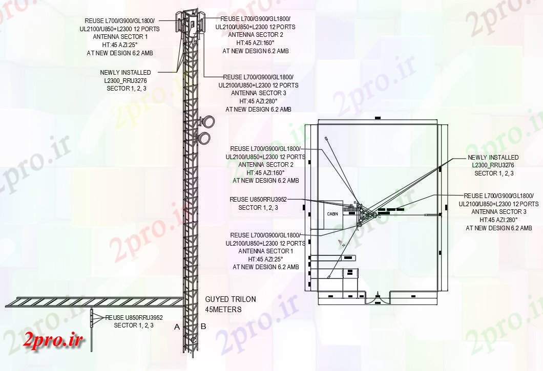 دانلود نقشه پلان مقطعی  به  رسم نشان می دهد برنامه ریزی و جزئیات نما دکل مهاری Trylon برج برق جزئیات  دو بعدی   (کد160447)