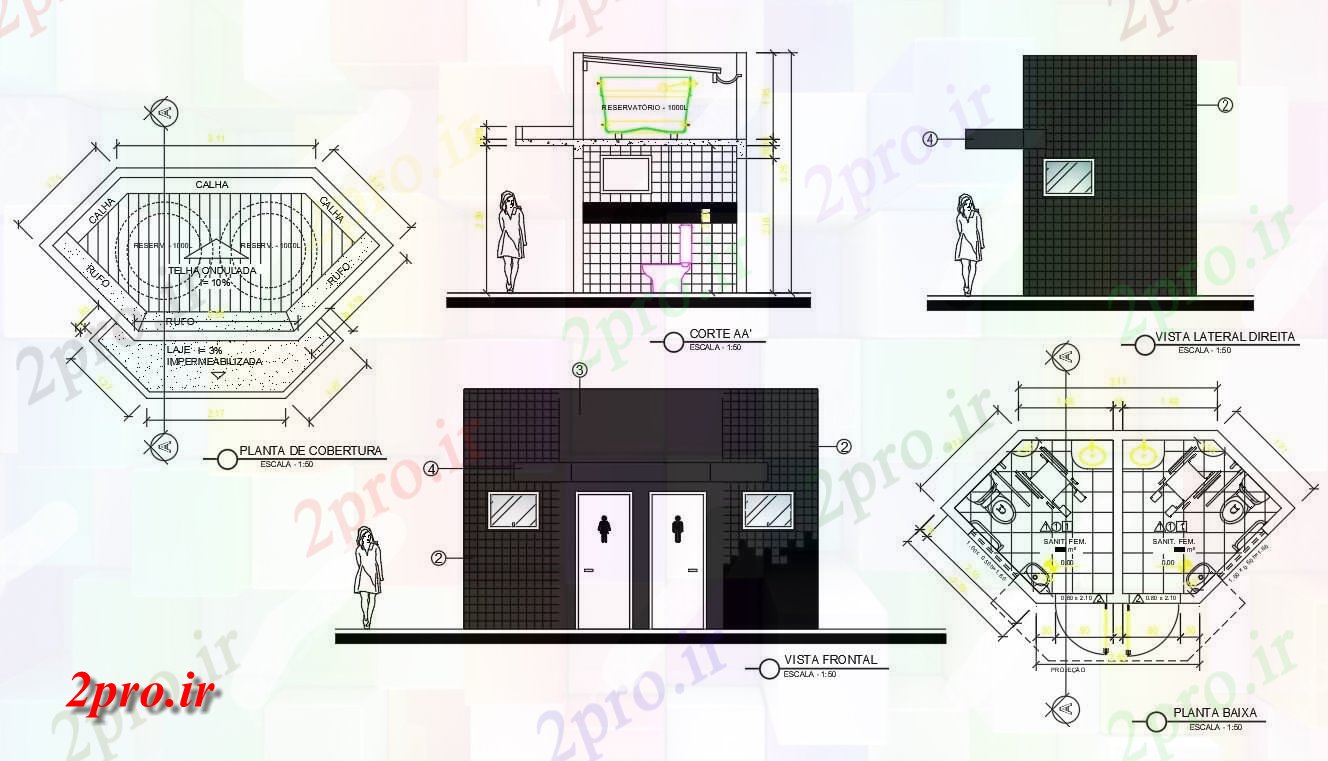 دانلود نقشه پلان مقطعی   اتوکد می دهد طرح، نما و جزئیات مقطعی از یک توالت عمومی    (کد160472)