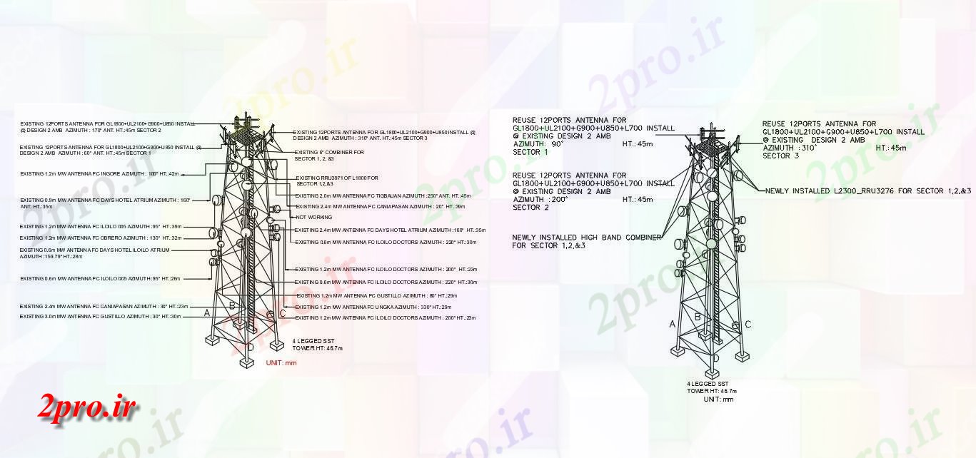 دانلود نقشه پلان مقطعی چهار خود پا حمایت از برج (SST) و یا برج شبکه در قالب و یا مدل های تریدی      دو بعدی   (کد160552)