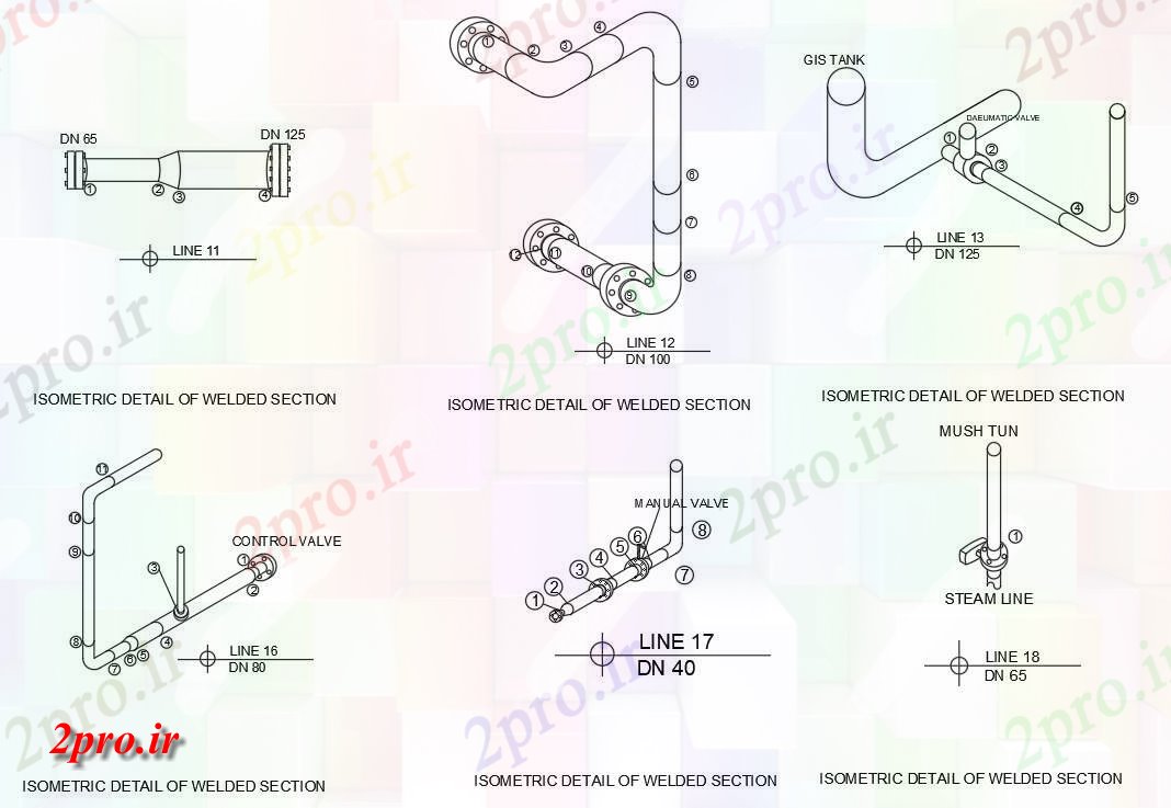 دانلود نقشه پلان مقطعی نقشه برداری جوش اتصال خط لوله ازتریدی اتوکد         دو بعدی   (کد160556)