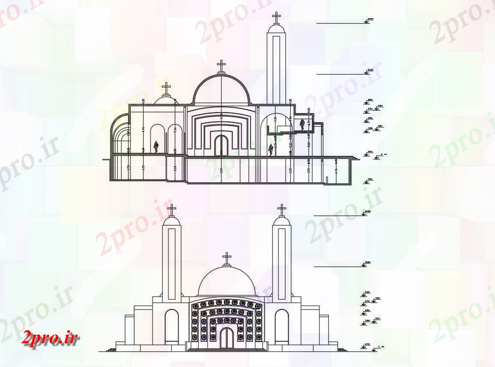 دانلود نقشه کلیسا - معبد - مکان مذهبی  به  رسم  جزئیات نمای کلیسا   دو بعدی   (کد160596)