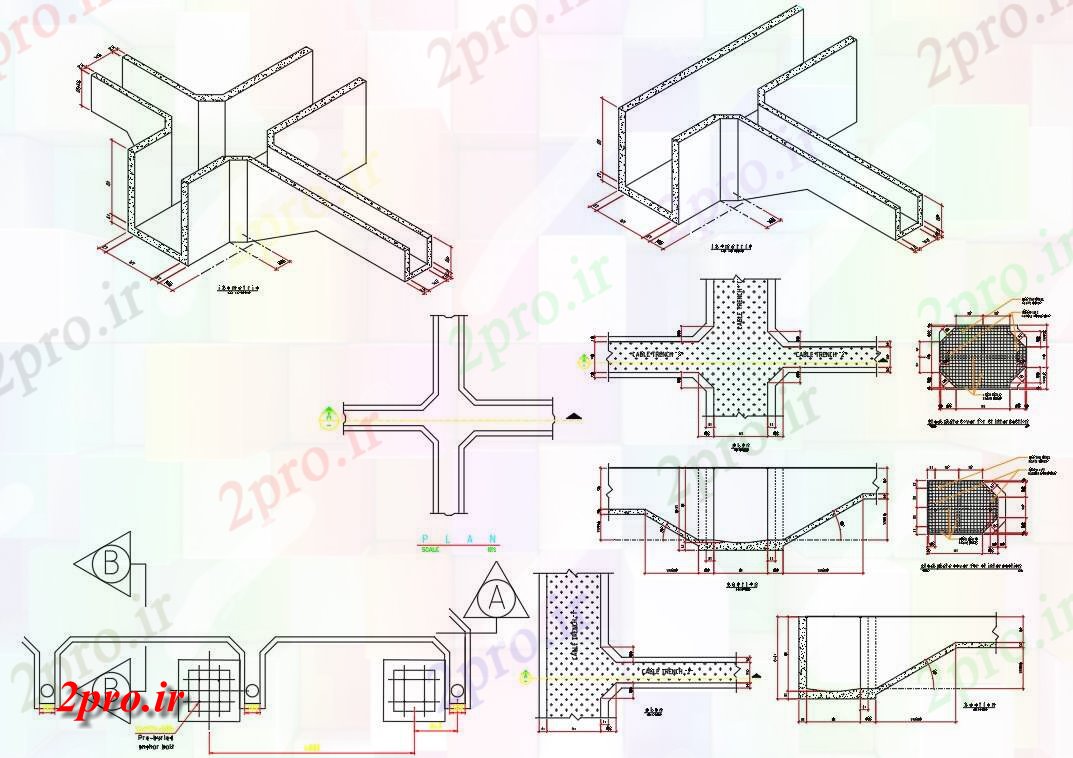 دانلود نقشه پلان مقطعی   دارد طرح، بخش و جزئیات کابل درازگودال تقاطع ها   دو بعدی   (کد160605)