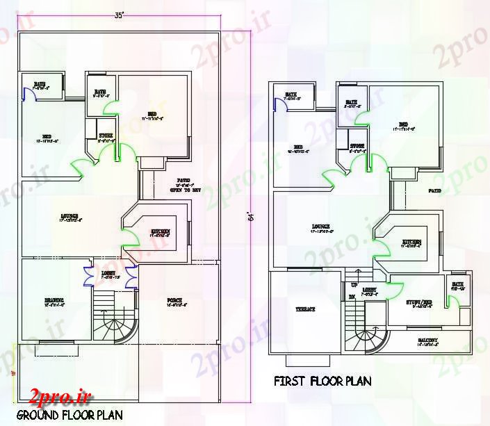 دانلود نقشه مسکونی ، ویلایی ، آپارتمان 'X64 'خانه طبقه همکف و طبقه اول طرح 10 در 19 متر (کد160643)