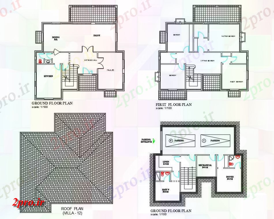 دانلود نقشه مسکونی ، ویلایی ، آپارتمان این دارای مدل های دو بعدی زیرزمین، طرحی طبقه همکف، پلان طبقه اول و سقف ویلا 15 در 15 متر (کد160672)