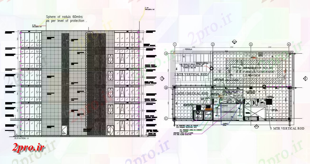 دانلود نقشه ساختمان اداری - تجاری - صنعتی طرحی تراس و نما ساختمان اداری در مدل دو بعدی اتوکد 15 در 25 متر (کد160693)