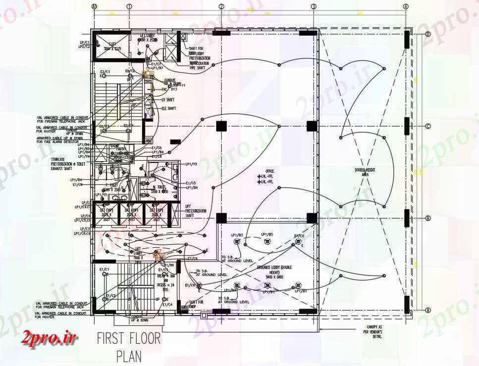 دانلود نقشه ساختمان اداری - تجاری - صنعتی نشان می دهد اولین طرحی طبقه از الهام پارک کسب و کار ساختمان اداری در مدل اتوکد دو بعدی 27 در 35 متر (کد160695)