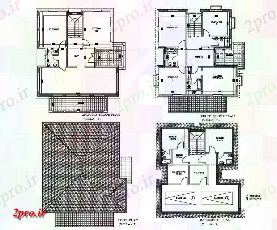 دانلود نقشه مسکونی ، ویلایی ، آپارتمان اتوکد طراحی پرونده نشان می دهد ویلای طرحی زیرزمین، طرحی طبقه همکف، پلان طبقه اول و طرحی سقف 13 در 16 متر (کد160701)