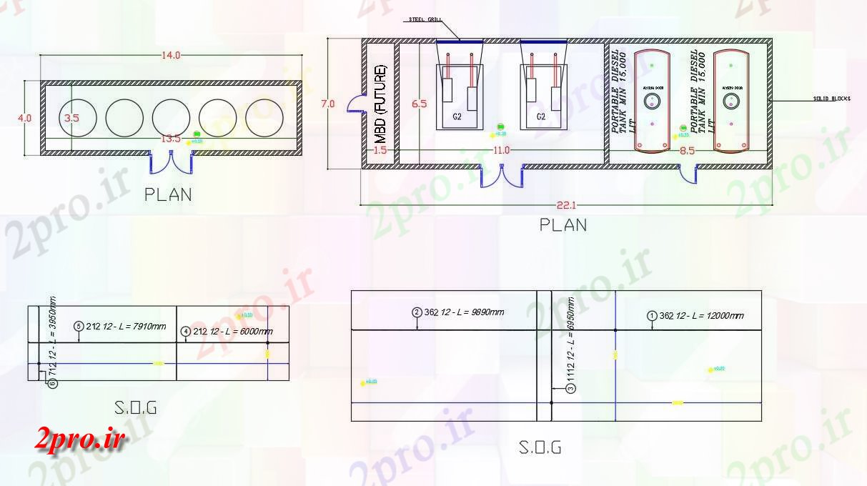 دانلود نقشه پلان مقطعی طرحی SOG از ایستگاه آب و SOG از ژنراتور و تانک ها به صورت دو بعدی  اتوکد   رسم    دو بعدی   (کد160710)