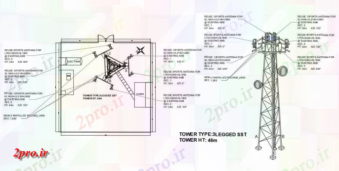 دانلود نقشه پلان مقطعی طرحی نمای از خود سه پا حمایت از برج با نما 46m در تریدی اتوکد مدل طراحی       (کد160727)