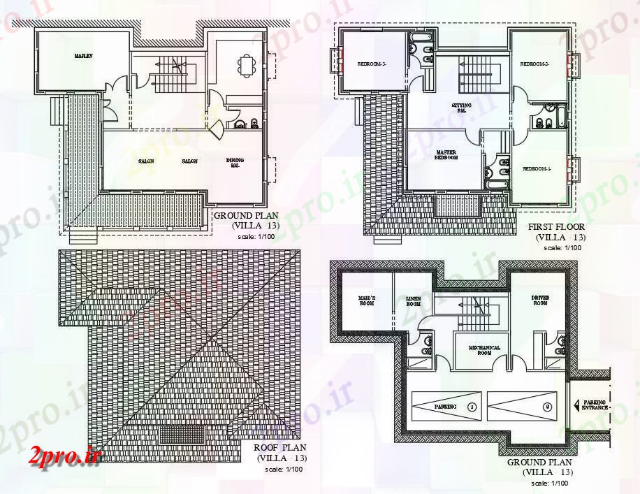 دانلود نقشه خانه های کوچک ، نگهبانی ، سازمانی - اتوکد دو بعدی داشتن طرحی طبقه ویلا فردی با امکانات پارک ماشین زیرزمین (ویلا خانه طرحی طبقه) دو بعدی 15 در 15 متر (کد160776)