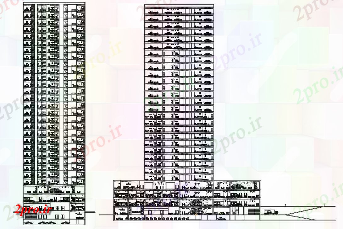 دانلود نقشه پلان مقطعی  طراحی دارای جزئیات بخش از 25 طبقه از آپارتمان   و 25 طبقه از ساختمان اداری      (کد160794)