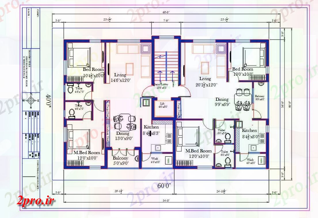 دانلود نقشه مسکونی  ، ویلایی ، آپارتمان  طرحی 60X40 زیبای آپارتمان   2 BHK خانه مبلمان چیدمان اتوکد (کد160839)