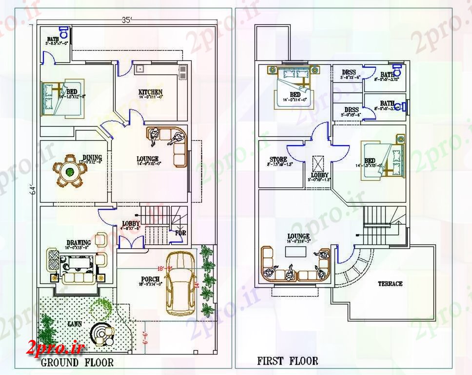 دانلود نقشه مسکونی ، ویلایی ، آپارتمان BHK خانه چیدمان 2 طبقه طرحی طبقه اتوکد 12 در 21 متر (کد160846)