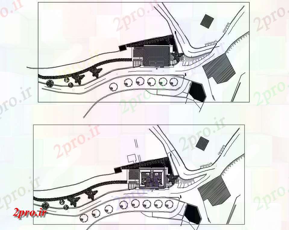 دانلود نقشه مسکونی ، ویلایی ، آپارتمان نشان می دهد نمای بالای طرحی خانه در منطقه پوشش گیاهی نقشه برداری قرار در مدل اتوکد 9 در 13 متر (کد160853)