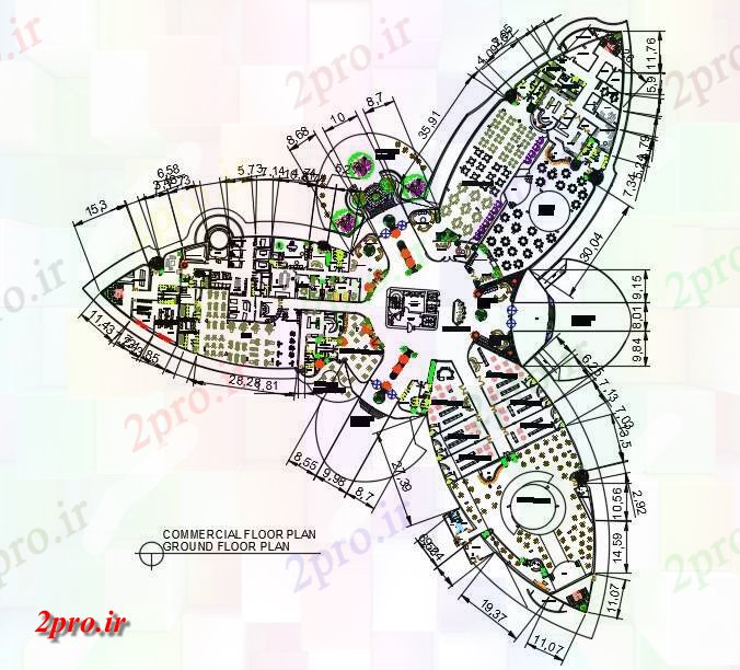 دانلود نقشه ساختمان اداری - تجاری - صنعتی تجاری زمین طراحی طبقه با مبلمان نشیمن 40 در 74 متر (کد160882)