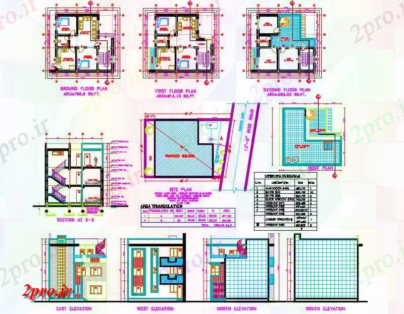 دانلود نقشه مسکونی ، ویلایی ، آپارتمان X32 'خانه 3 طبقه طرحی طبقه با مصالح بخشی نمای نشیمن 9 در 9 متر (کد160892)