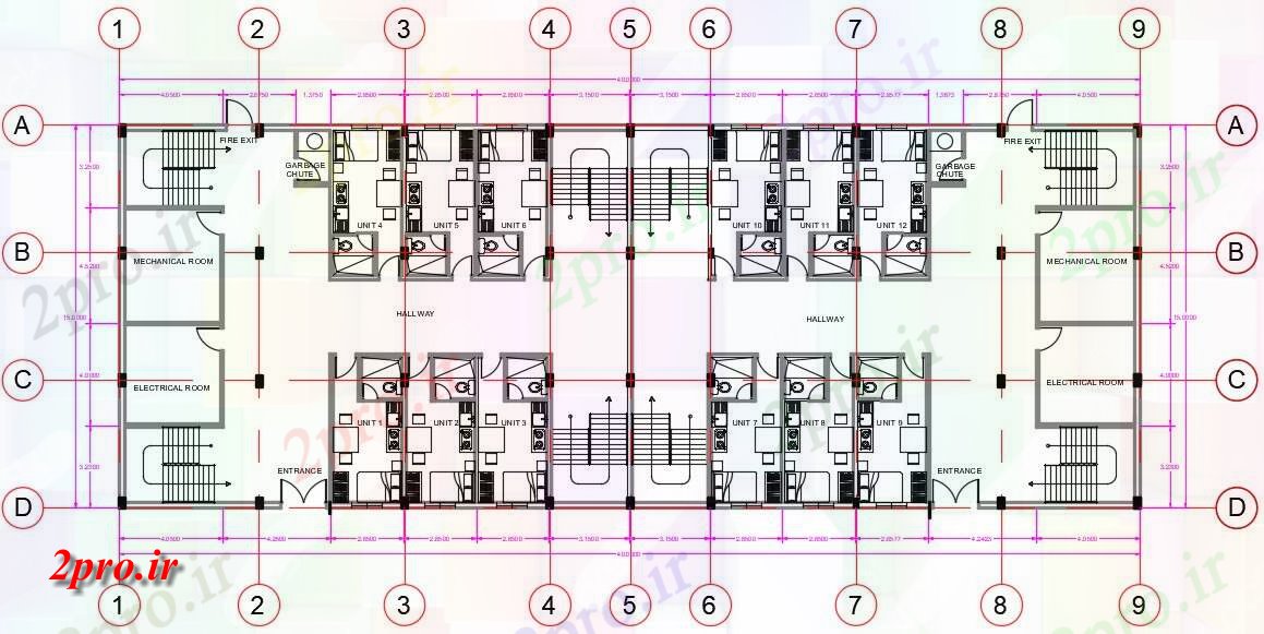 دانلود نقشه ساختمان اداری - تجاری - صنعتی کارمند محل اقامت طرحی طبقه نشیمن با مرکز خط نشیمن 15 در 40 متر (کد160893)