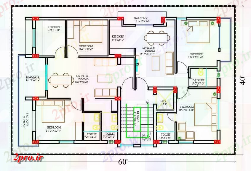 دانلود نقشه مسکونی  ، ویلایی ، آپارتمان  X40 FT آپارتمان   2 BHK خانه طراحی  (کد160895)