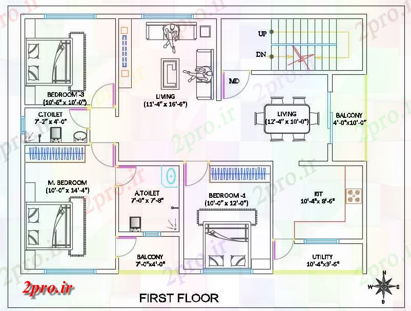 دانلود نقشه مسکونی ، ویلایی ، آپارتمان طرحی 3 BHK طبقه اول با مبلمان چیدمان اتوکد 9 در 12 متر (کد160897)