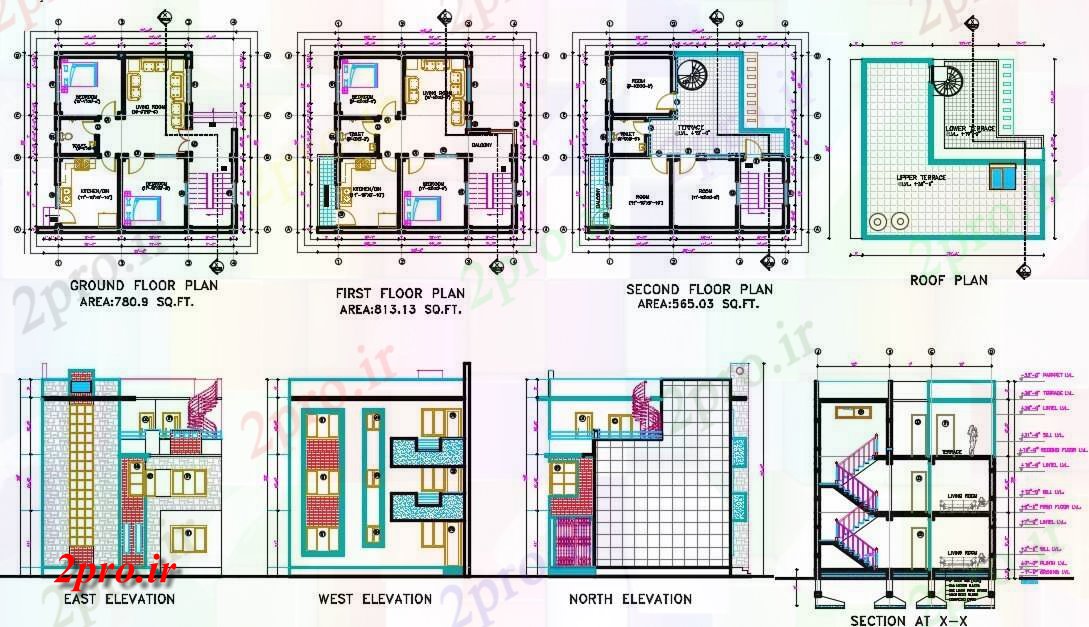 دانلود نقشه خانه های کوچک ، نگهبانی ، سازمانی - BHK خانه طرحی 3 طبقه طبقه با مصالح بخشی نمای نشیمن 9 در 9 متر (کد160914)