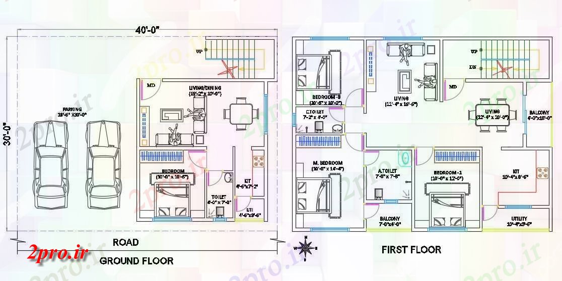 دانلود نقشه مسکونی ، ویلایی ، آپارتمان X40 'خانه طبقه همکف و طبقه اول طرحی 9 در 12 متر (کد160920)