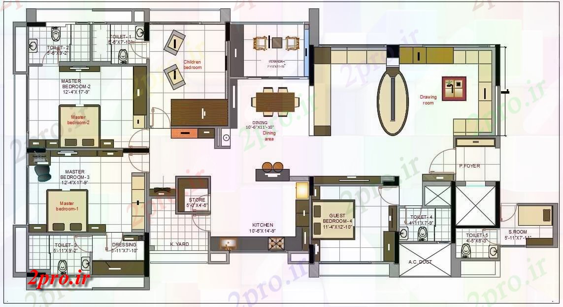 دانلود نقشه مسکونی ، ویلایی ، آپارتمان 4 BHK خانه چیدمان داخلی 45'x82، 11 در 25 متر (کد160924)
