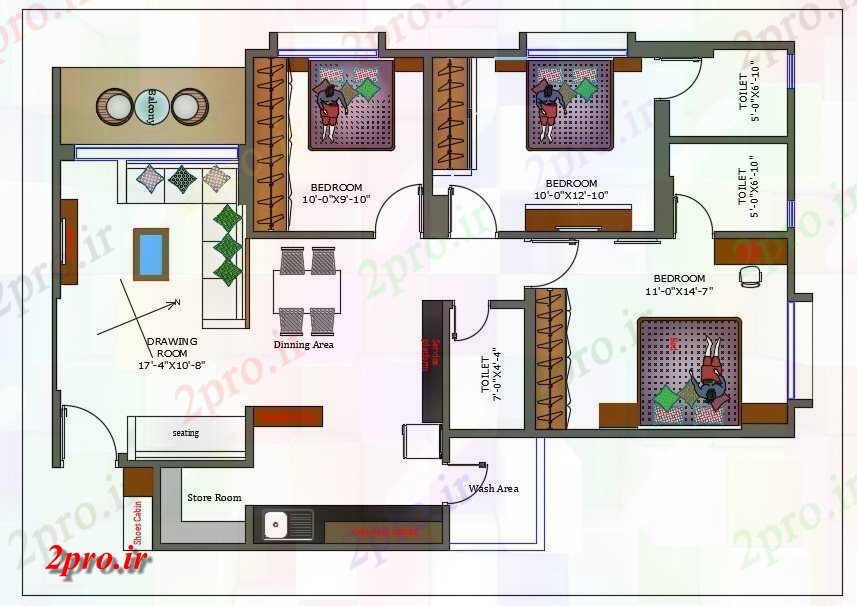 دانلود نقشه مسکونی ، ویلایی ، آپارتمان BHK خانه طرحی با مبلمان طراحی 10 در 14 متر (کد160933)