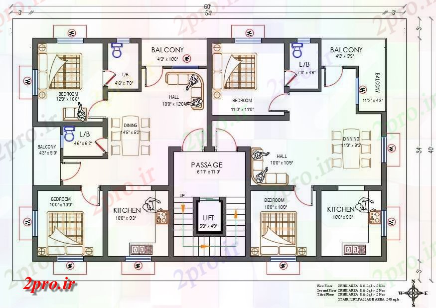 دانلود نقشه مسکونی  ، ویلایی ، آپارتمان  'X40، شمالی 2 BHK خانه آپارتمان   طرح (کد160934)