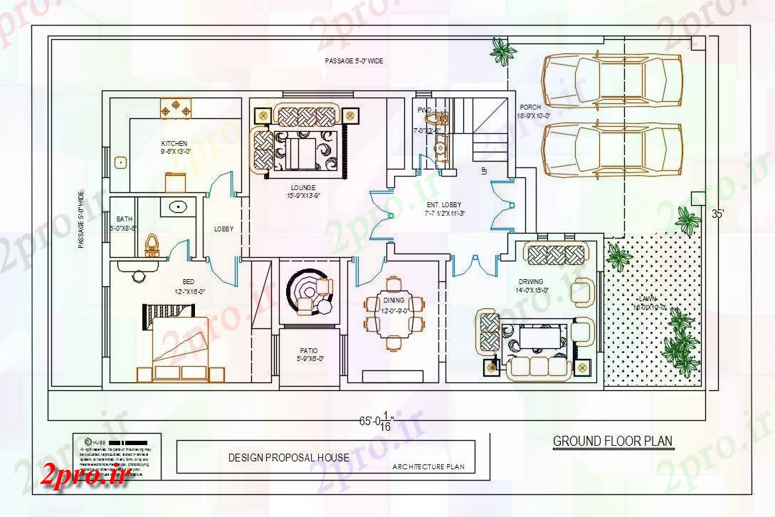دانلود نقشه مسکونی ، ویلایی ، آپارتمان X65 'خانه طبقه همکف طرحی با مبلمان چیدمان نشیمن 12 در 21 متر (کد160937)