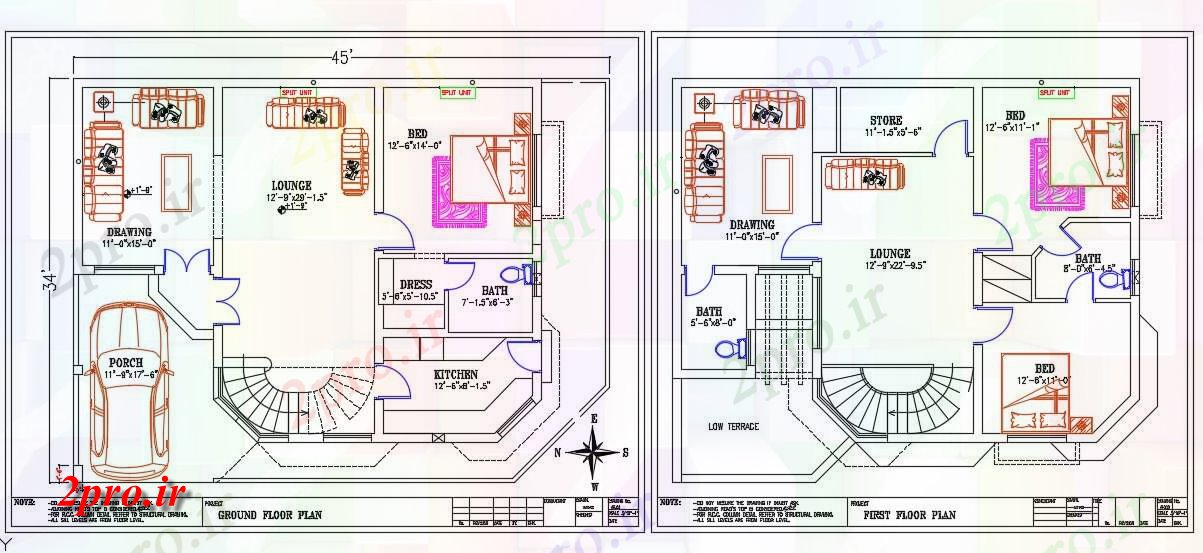دانلود نقشه مسکونی ، ویلایی ، آپارتمان X34 'خانه طبقه همکف و طرحی طبقه اول 12 در 13 متر (کد160939)