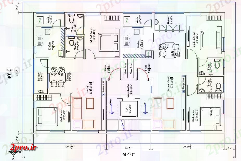 دانلود نقشه مسکونی ، ویلایی ، آپارتمان جنوبی روبرو 2400 فوت مربع 2 BHK آپارتمان خانه طرح 12 در 18 متر (کد160940)