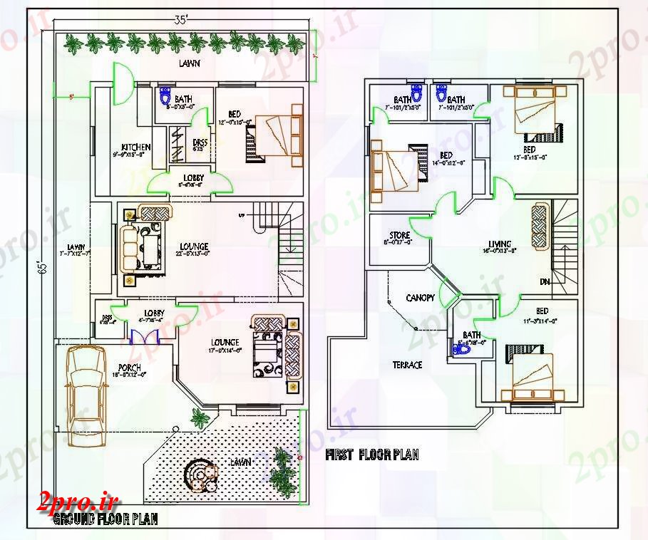 دانلود نقشه مسکونی ، ویلایی ، آپارتمان X65 'خانه طبقه همکف و طبقه اول طرحی نشیمن 10 در 19 متر (کد160971)