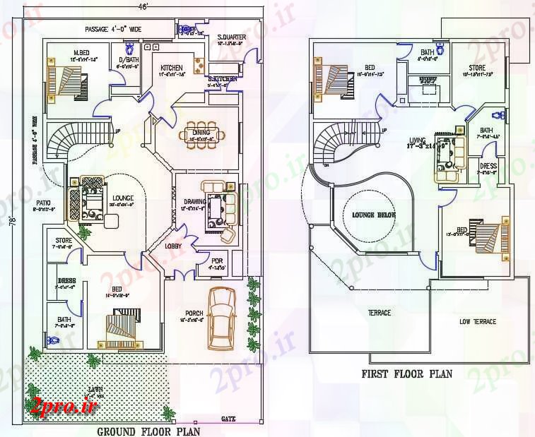 دانلود نقشه مسکونی ، ویلایی ، آپارتمان X78 'خانه طبقه همکف و طبقه اول طرحی با مبلمان چیدمان 14 در 23 متر (کد160990)