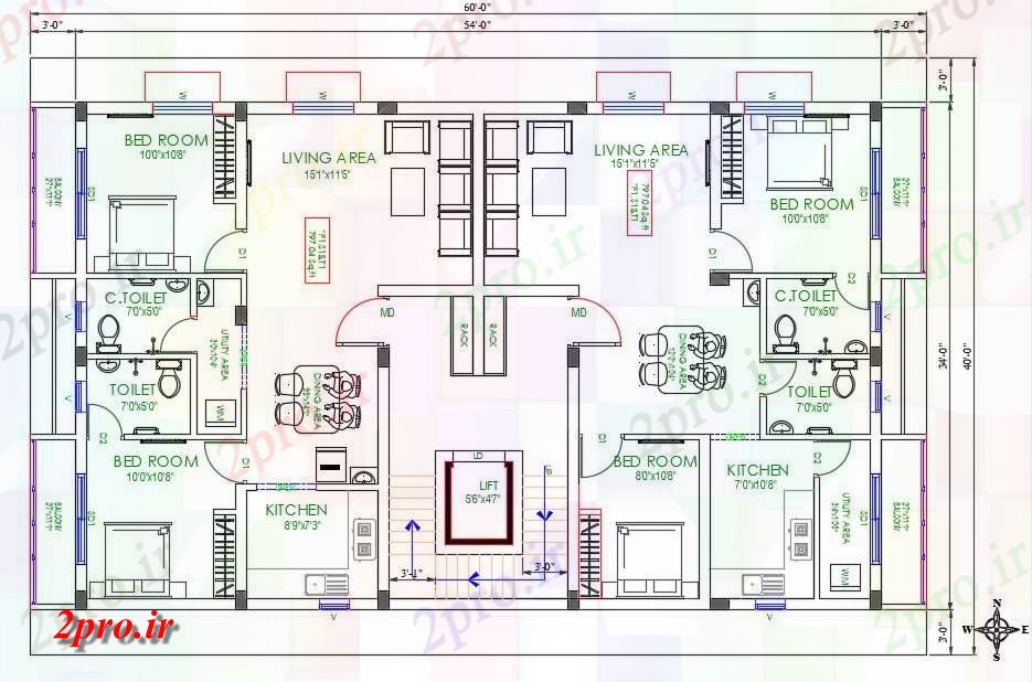 دانلود نقشه مسکونی  ، ویلایی ، آپارتمان  X60 معماری 2 BHK آپارتمان   خانه چیدمان نشیمن  (کد160992)