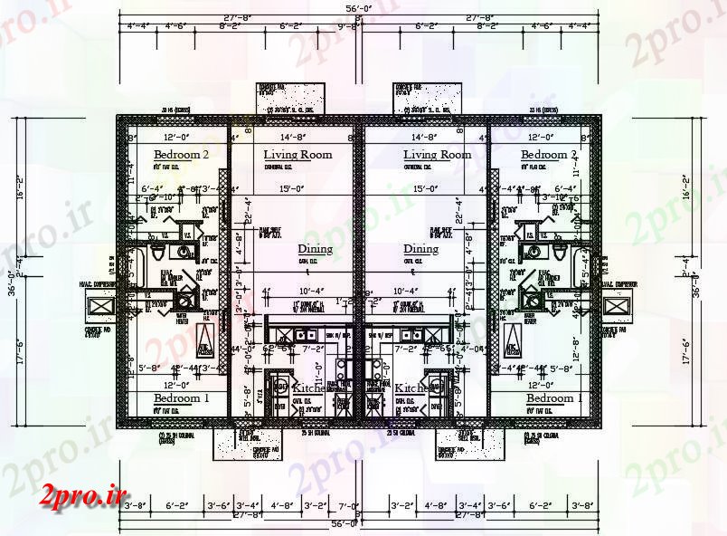 دانلود نقشه مسکونی ، ویلایی ، آپارتمان خانه مشترک 36'X56 '2 BHK طرحی 11 در 17 متر (کد161036)