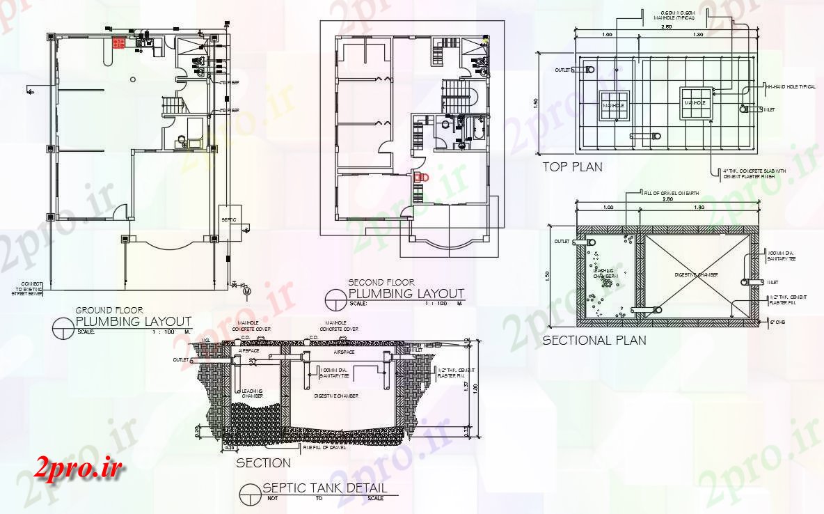 دانلود نقشه پلان مقطعی لوله کشی طرحی و جزئیات سپتیک تانک از جزئیات خانه دوبلکس در   دو بعدی    شد (کد161062)